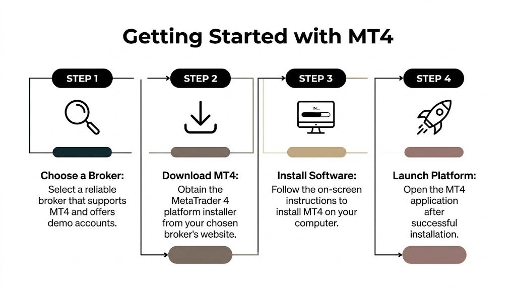 A four-step infographic illustrating the process of getting started with the MetaTrader 4 trading platform.