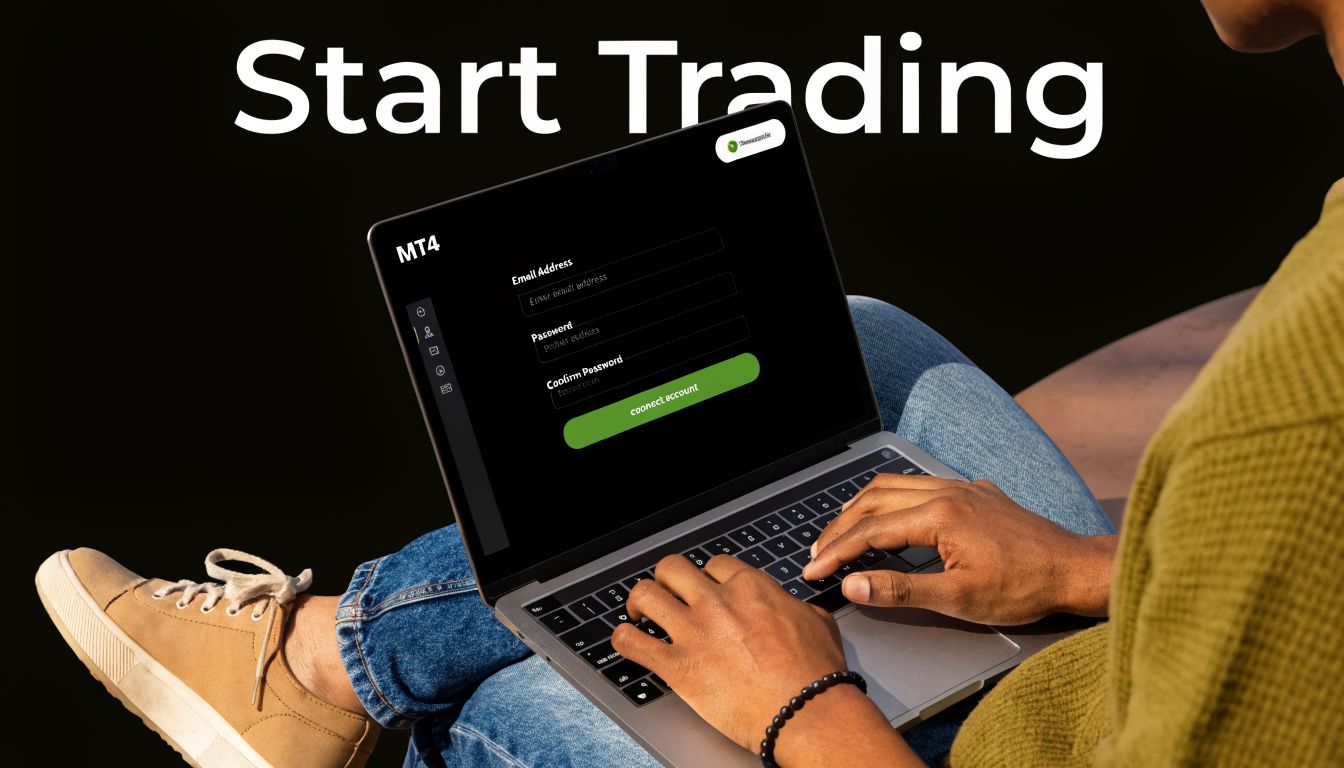 A person sitting while using a laptop to create an MT4 demo trading account online.