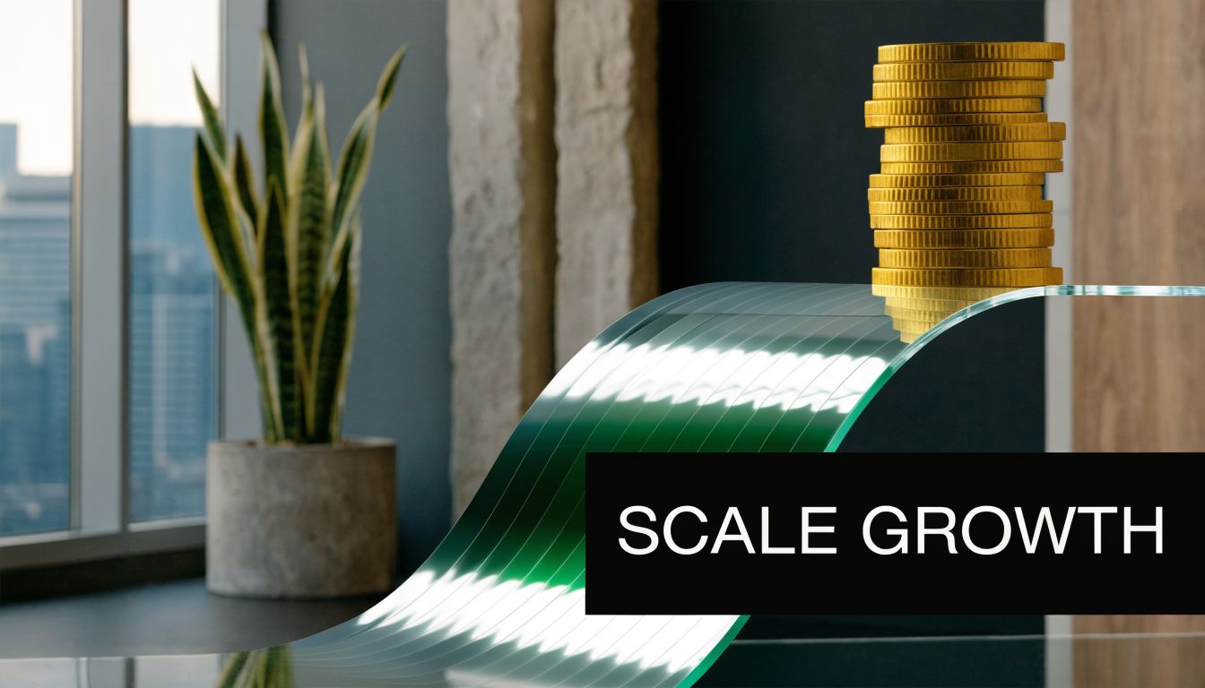A stack of golden coins resting on a curved glass surface next to a potted plant.