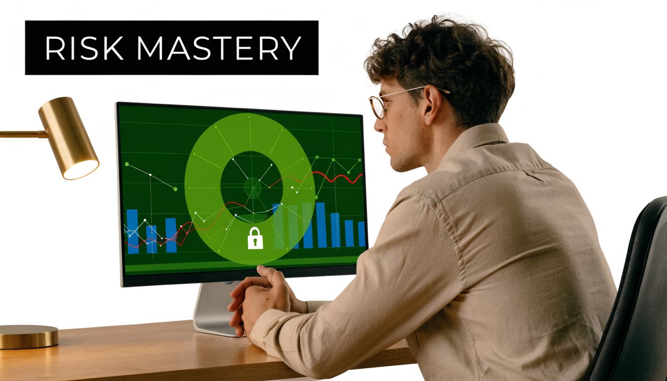 A man focused on a computer monitor displaying financial data and a digital security lock icon.