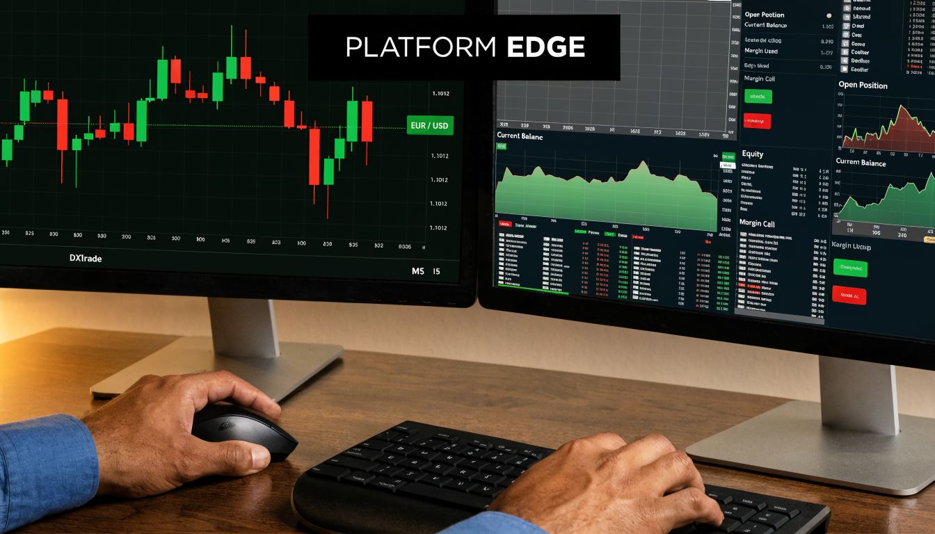 A trader working on dual monitors displaying financial stock market charts and analysis tools at a desk.