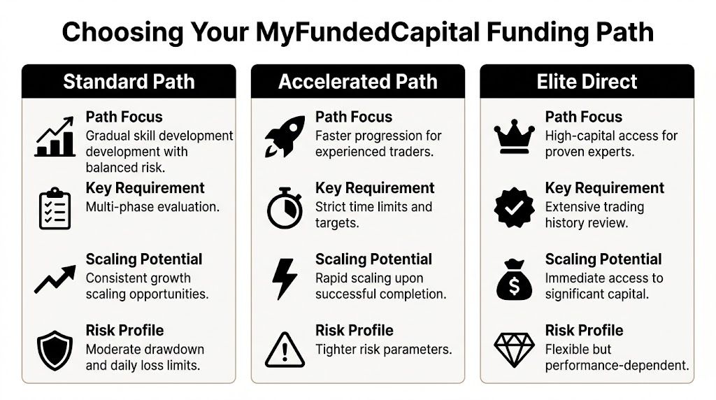 A comparison chart outlining the three different trading funding paths available at MyFundedCapital for traders.