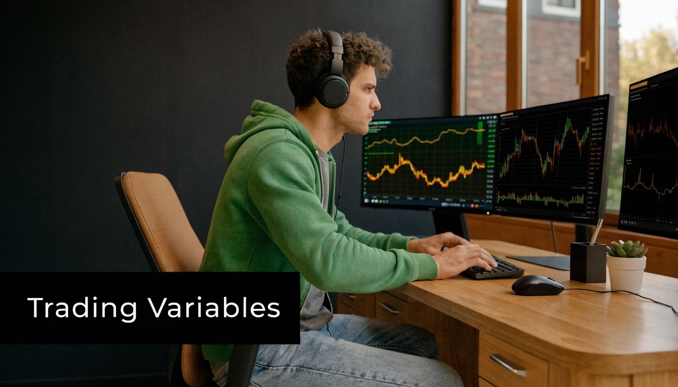 A young man wearing headphones typing on a keyboard at a desk with multiple trading monitors.