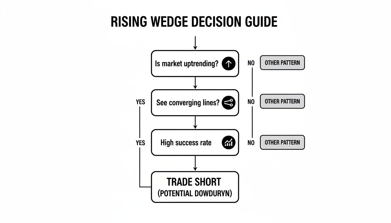 A rising wedge decision guide flowchart for traders, outlining steps to identify and trade this pattern.
