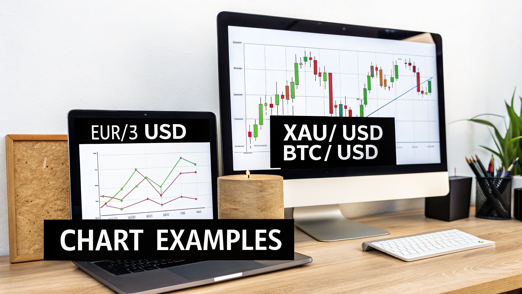 Laptop and desktop screens display financial charts for EUR/USD, XAU/USD, and BTC/USD, illustrating trading examples.