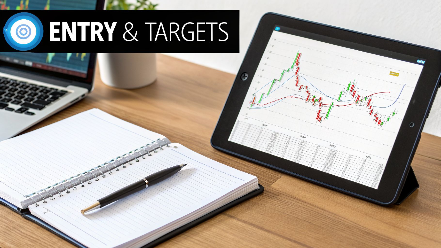 A desk setup with a tablet displaying stock charts, an open notebook, and 'ENTRY & TARGETS' banner.