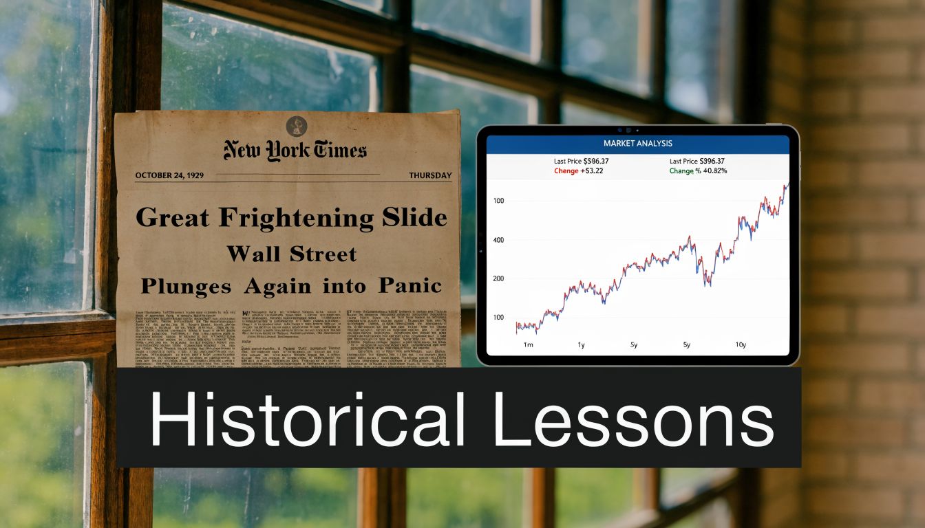 A split image comparing a 1929 newspaper headline about a stock market crash with a modern stock chart.