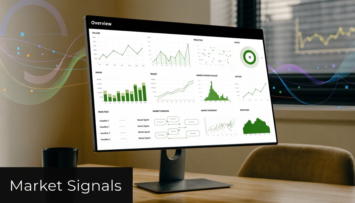 A modern computer monitor displays a comprehensive financial dashboard with various charts and data visualizations about market trends.
