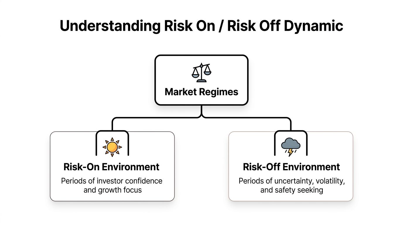 A diagram explaining the risk on and risk off market regimes, showing periods of confidence versus uncertainty.