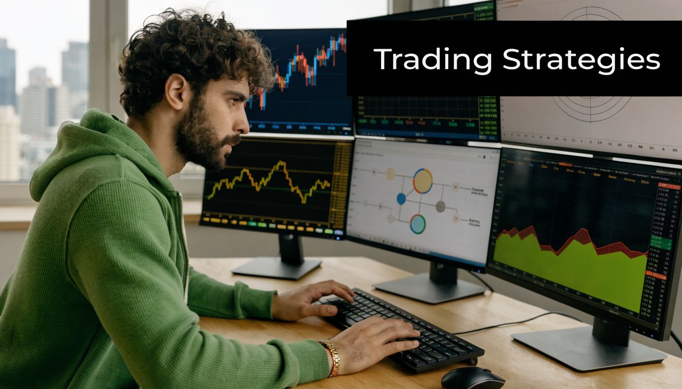 A professional trader sitting at a desk with multiple monitors displaying complex financial charts and data analysis.