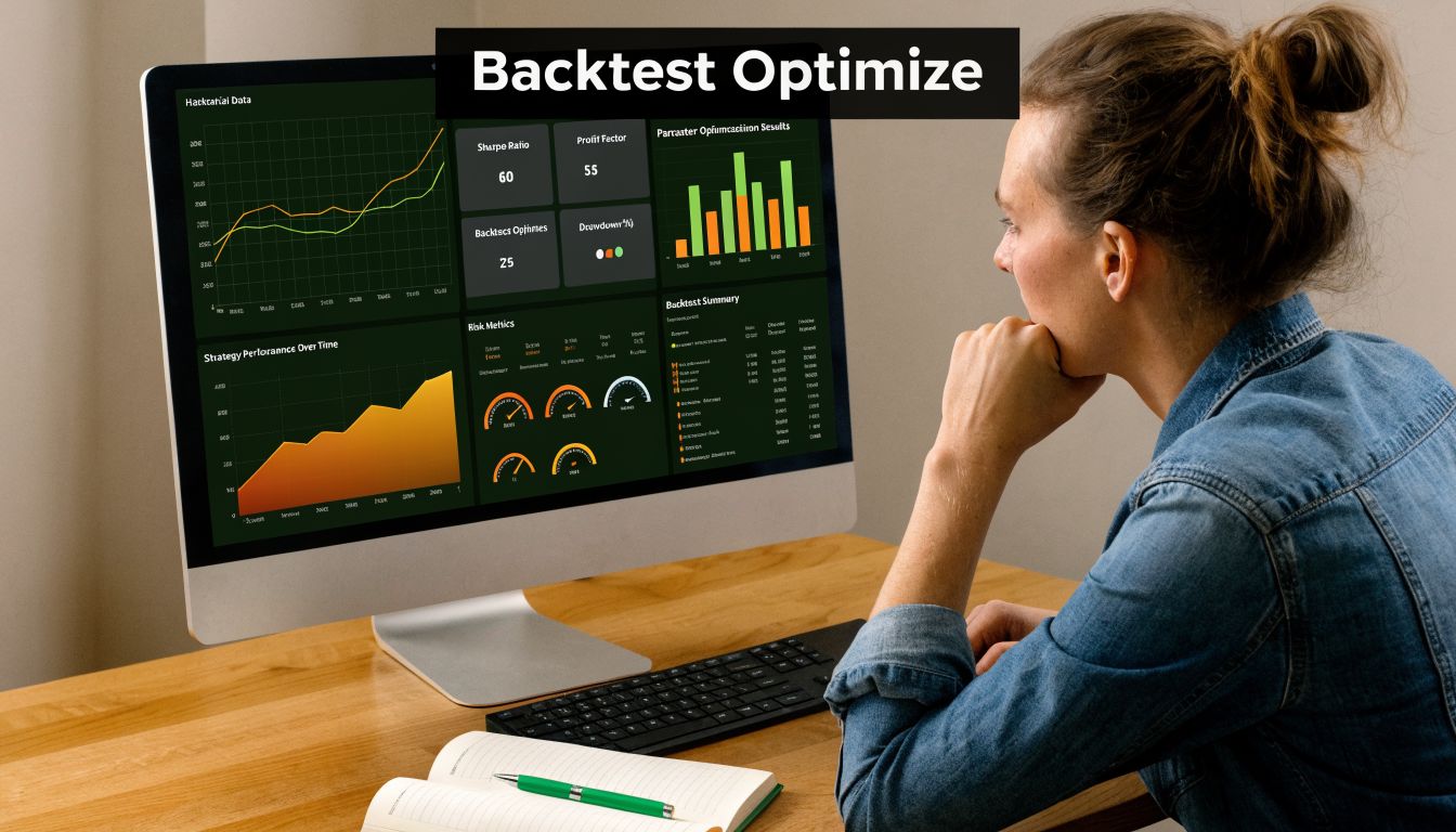 A woman analyzing trading charts on a computer screen related to RSI trading strategy and backtesting optimization.