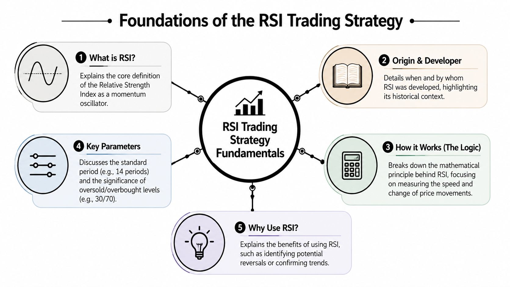 A diagram outlining the five foundational concepts of the RSI trading strategy, including definition, origin, and mechanics.