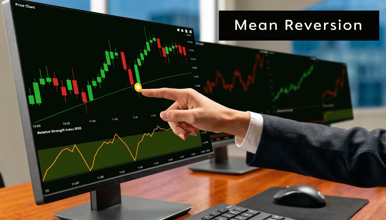 A professional trader analyzes market price charts and RSI indicators on multiple monitors to execute trading strategies.