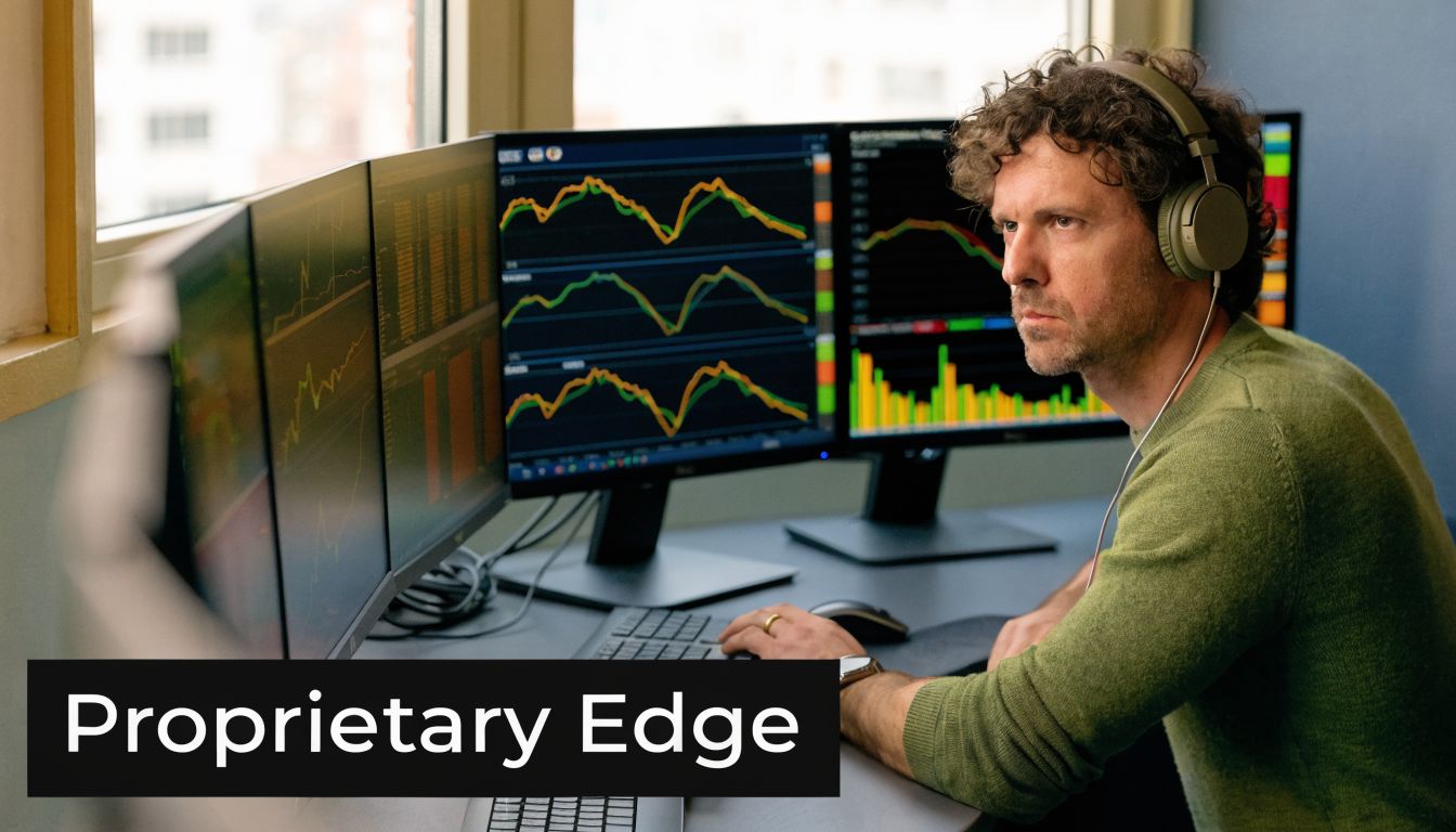 A professional stock trader with headphones analyzes multiple complex financial charts and data on his computer monitors.