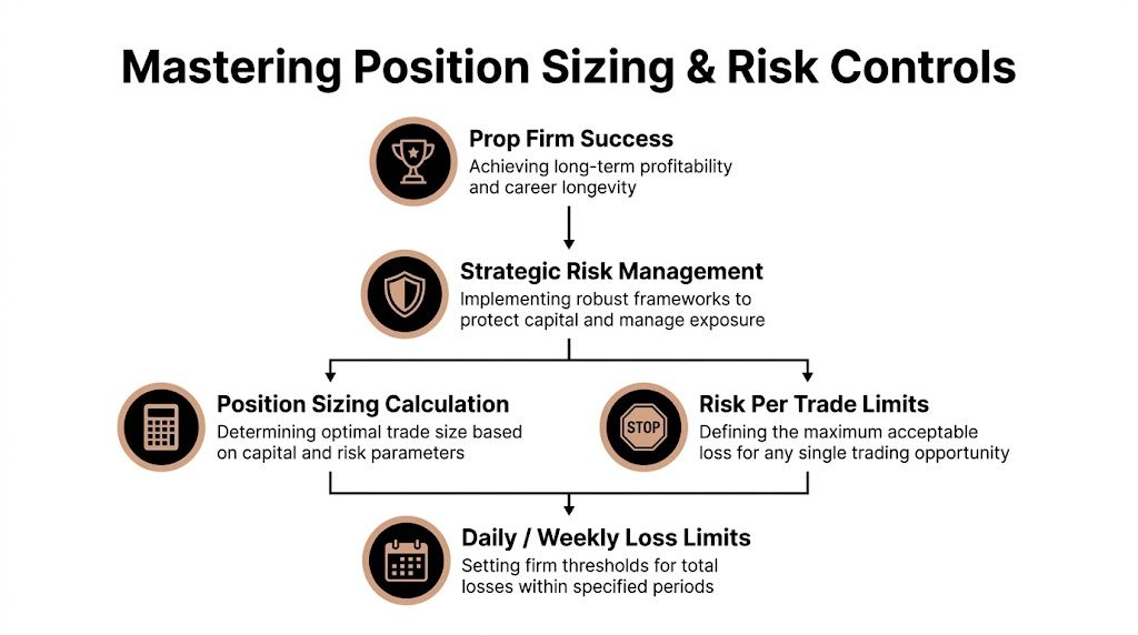 A diagram illustrating the key pillars of mastering position sizing and risk controls for professional traders.
