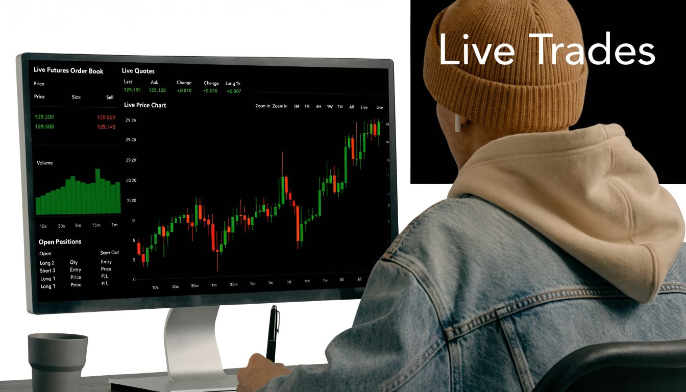 A person wearing a beanie and denim jacket monitoring live financial futures charts on a computer screen.
