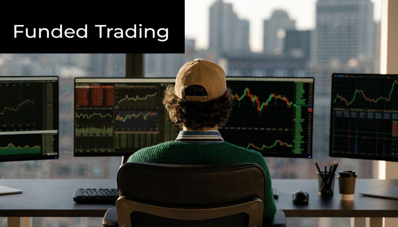 A trader sitting at a desk with multiple monitors displaying stock market graphs in a city office.