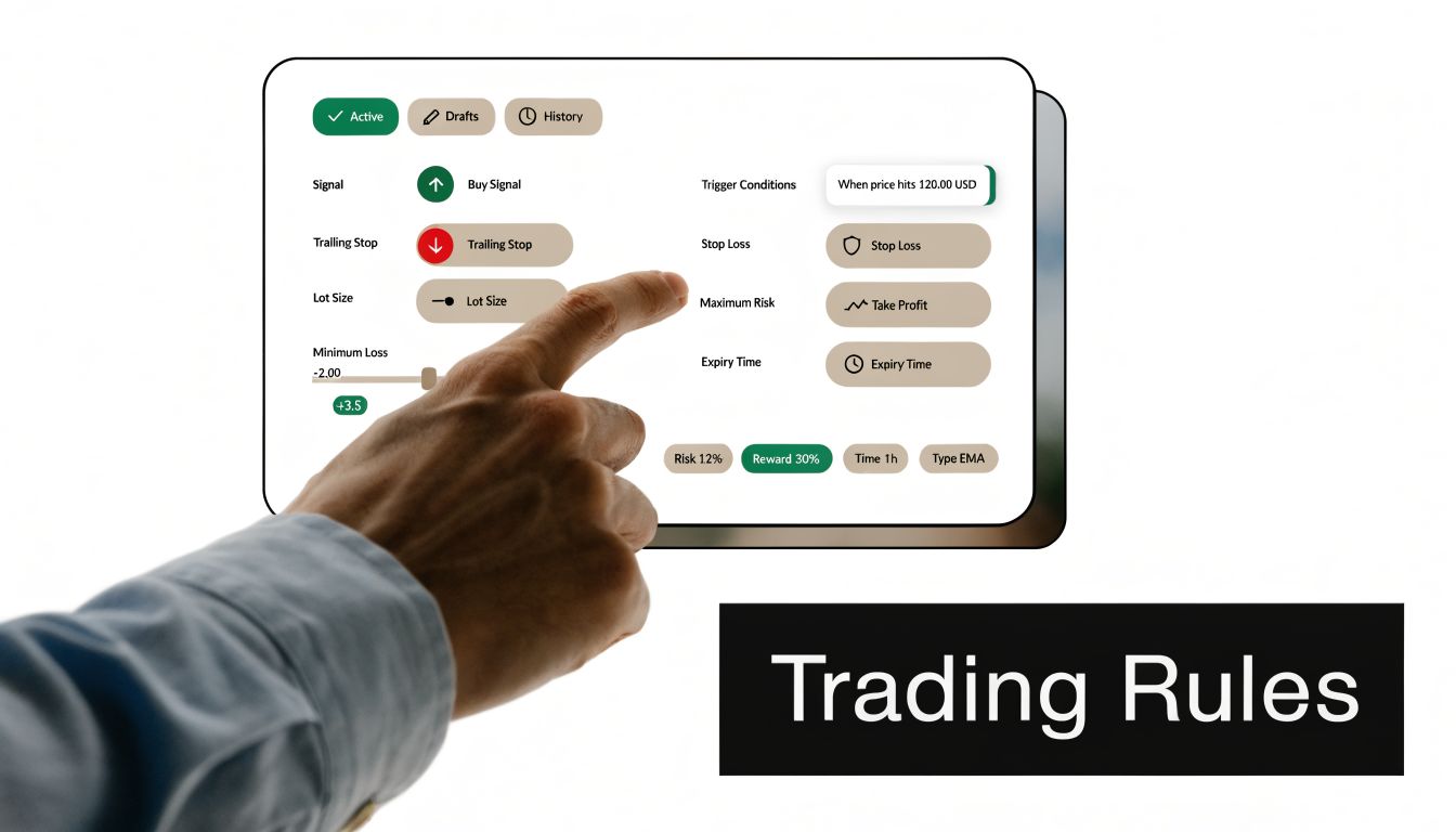 A hand touching a digital interface displaying various trading rules and market configurations on a screen.