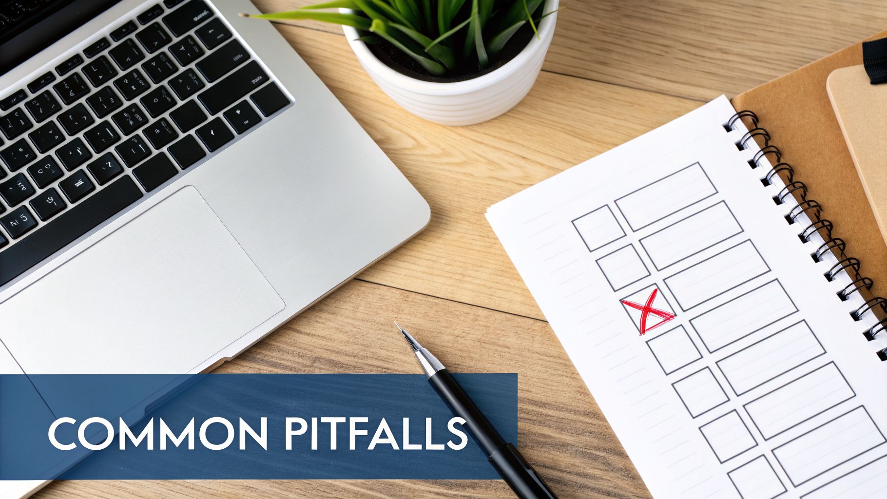 Flat lay of a desk with a laptop, green plant, pen, and a checklist notebook marking a red X.