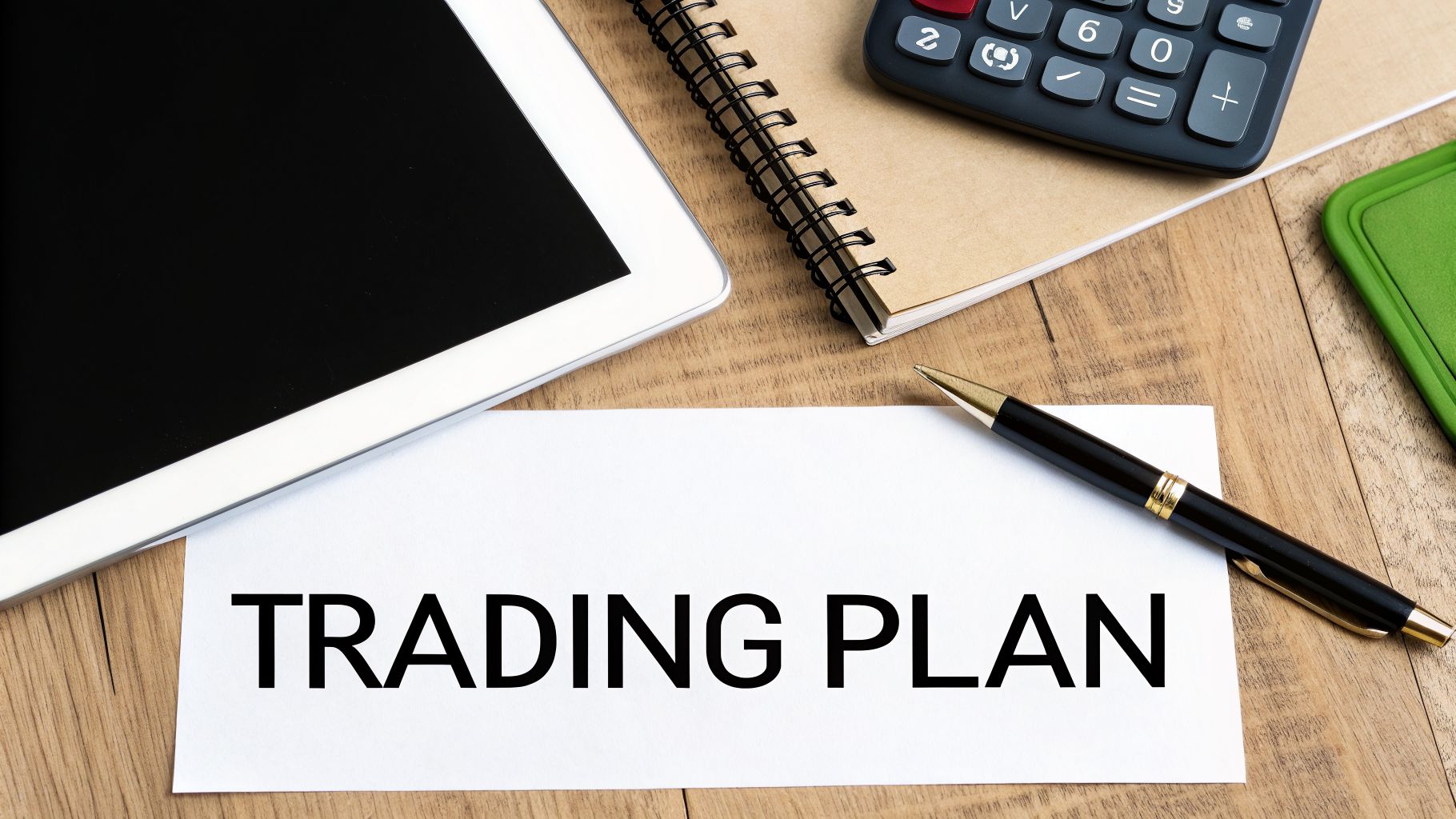 A flat lay of a white paper with 'TRADING PLAN' written on it, surrounded by a tablet, calculator, notebook, and pen on a wooden desk.