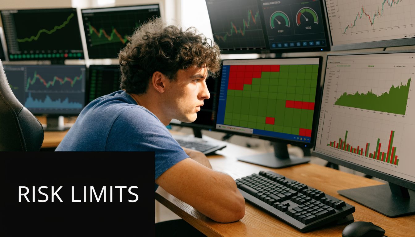 A focused young day trader analyzing multiple financial charts and risk limit data on several computer monitors.