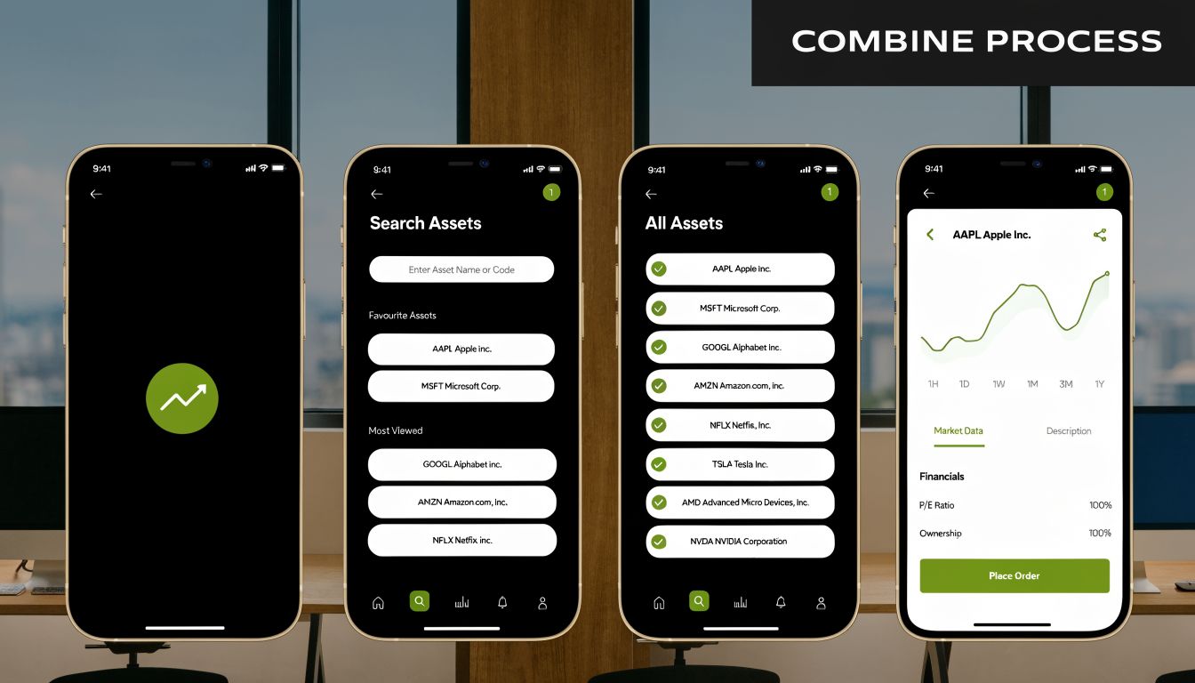 A mobile application interface displaying stock market analysis and asset tracking screens for financial traders.