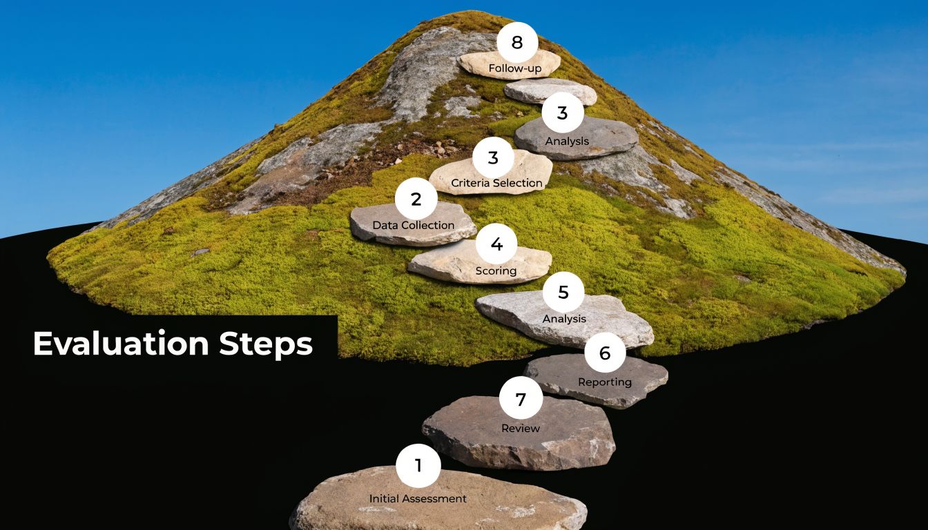A diagram displaying eight evaluation steps arranged as a path of stones leading up a hill.