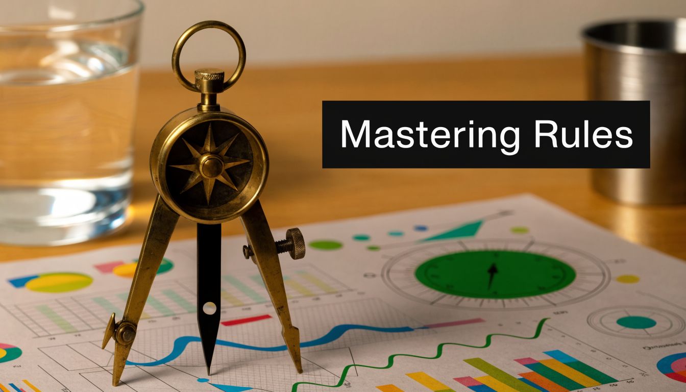 A vintage compass resting on financial graphs and charts with the text Mastering Rules overlaid.