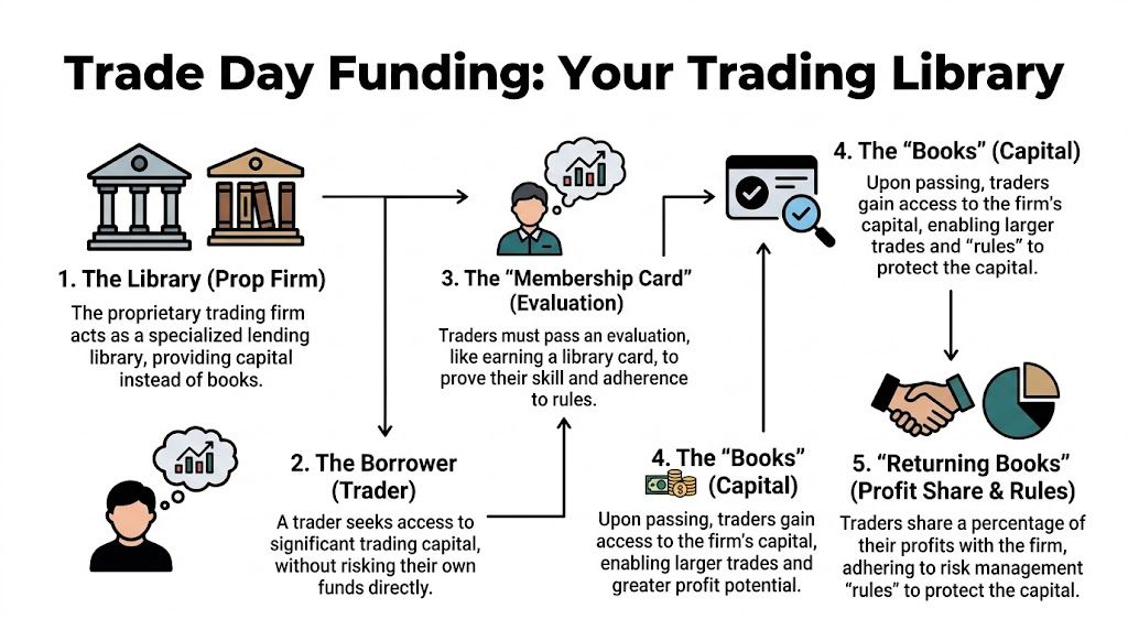 An infographic titled Trade Day Funding explaining the step-by-step process of how a proprietary trading firm works.