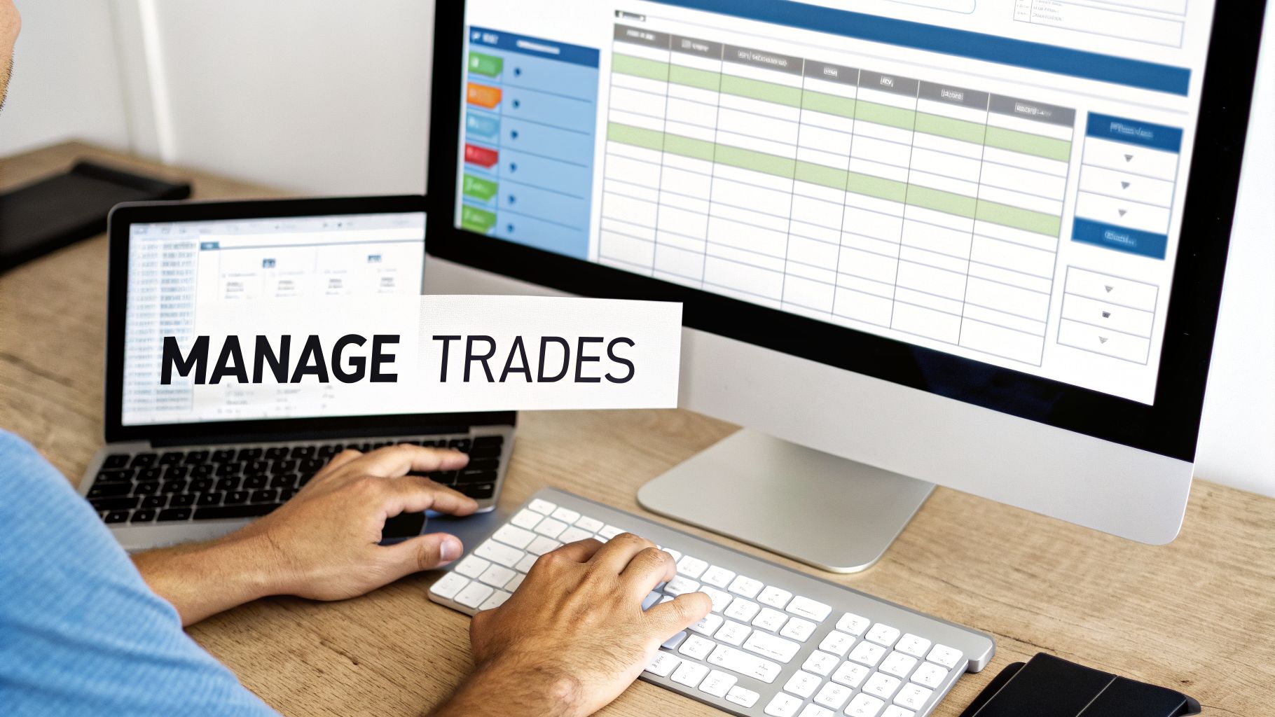 A person uses a laptop and monitor displaying financial data, with 'MANAGE TRADES' overlay.