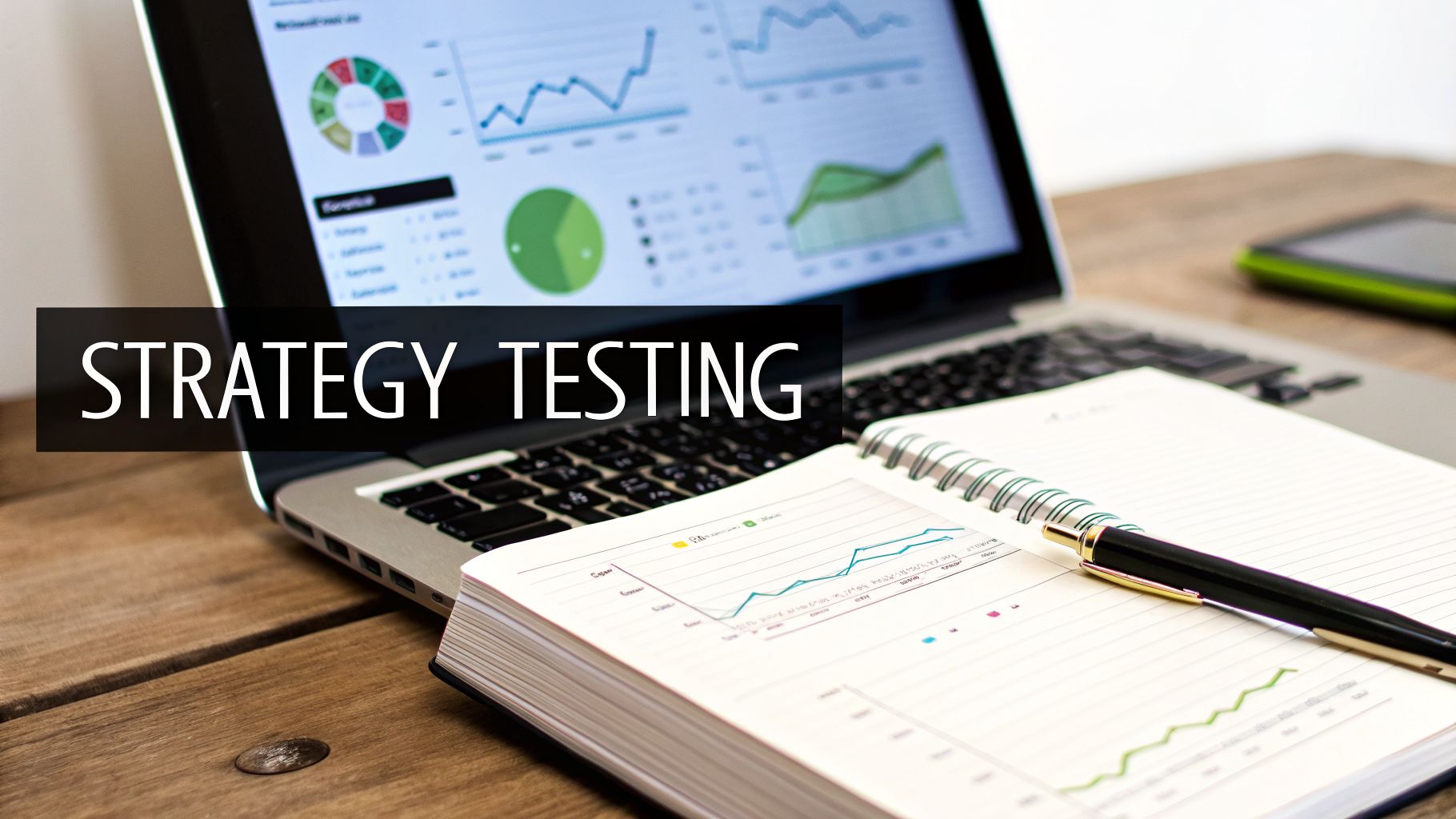 A laptop and notebook displaying various charts and graphs, with 'STRATEGY TESTING' text overlay.