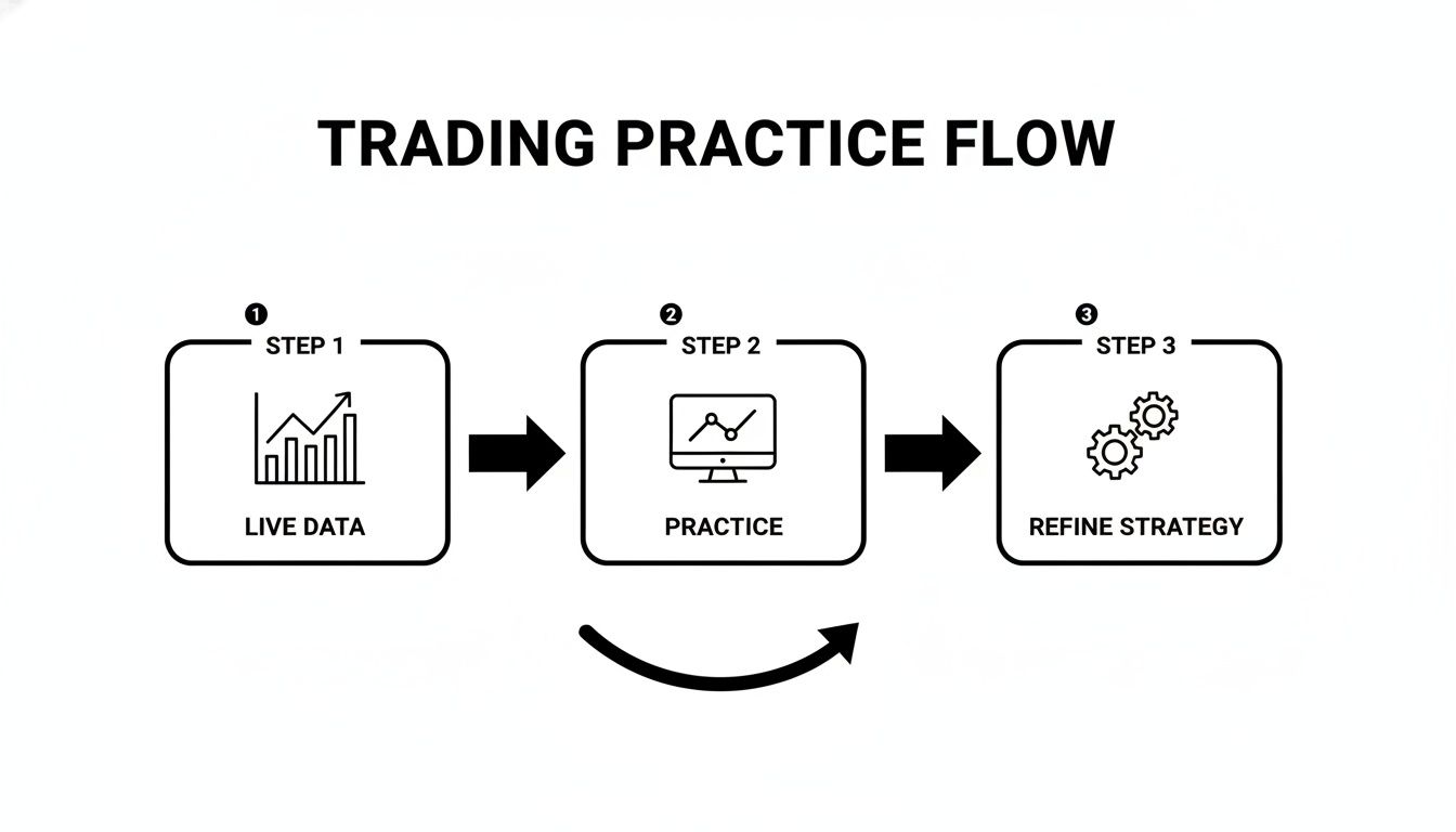 A flowchart outlining the trading practice flow: Live Data, Practice, and Refine Strategy, in a continuous loop.