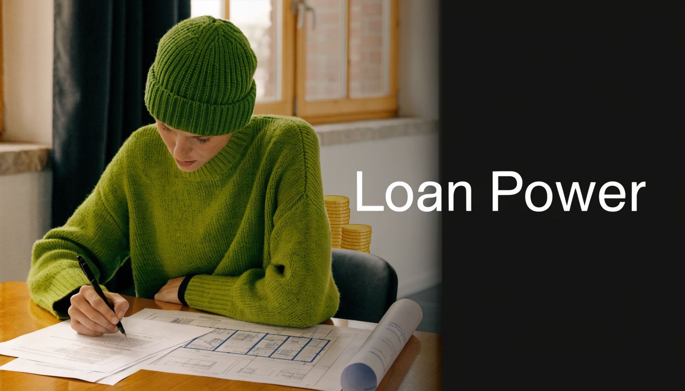 A person in a green sweater and beanie sketching blueprints on a desk near stacked gold coins.