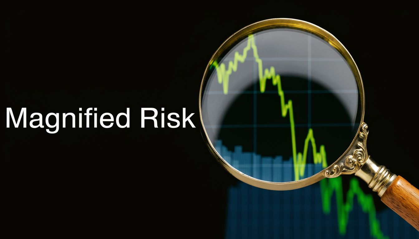 A magnifying glass focusing on a downward trending stock market graph with the text Magnified Risk nearby.