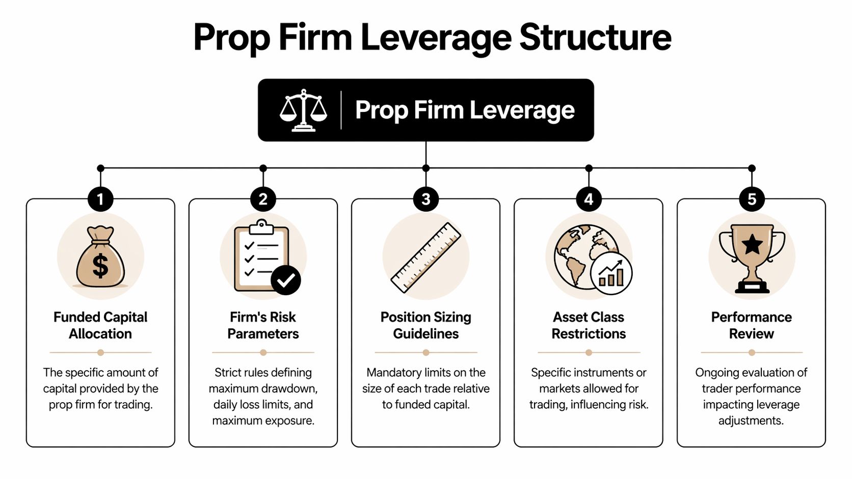 An infographic showing the five key components of a prop firm leverage structure for traders.