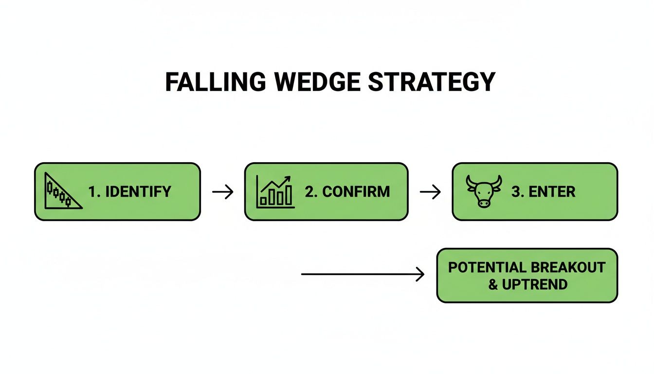 Flowchart illustrating the 'Falling Wedge Strategy' with steps: Identify, Confirm, Enter, leading to potential breakout and uptrend.