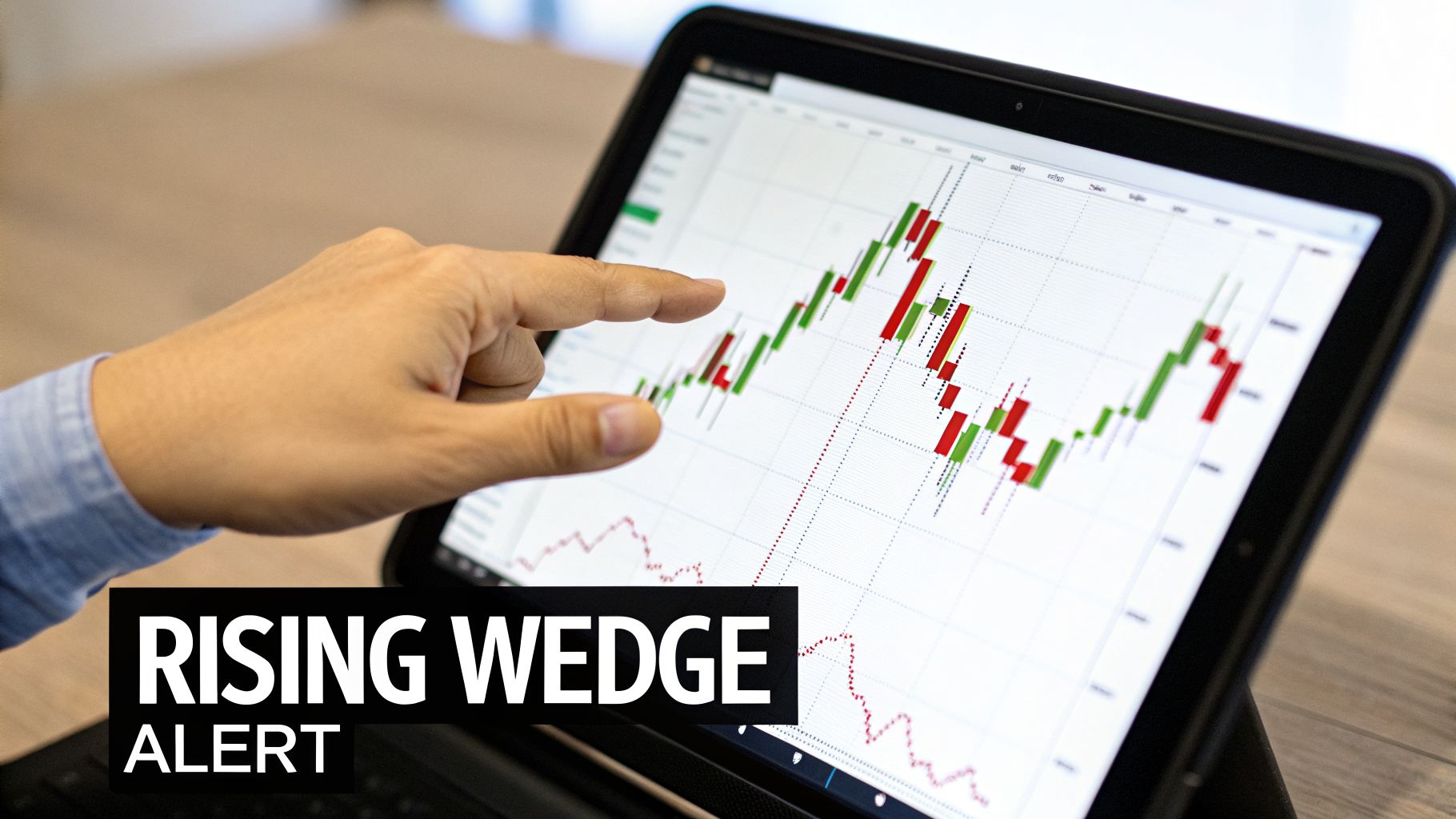 A hand points at a tablet displaying a stock chart with a 'Rising Wedge Alert' text overlay.