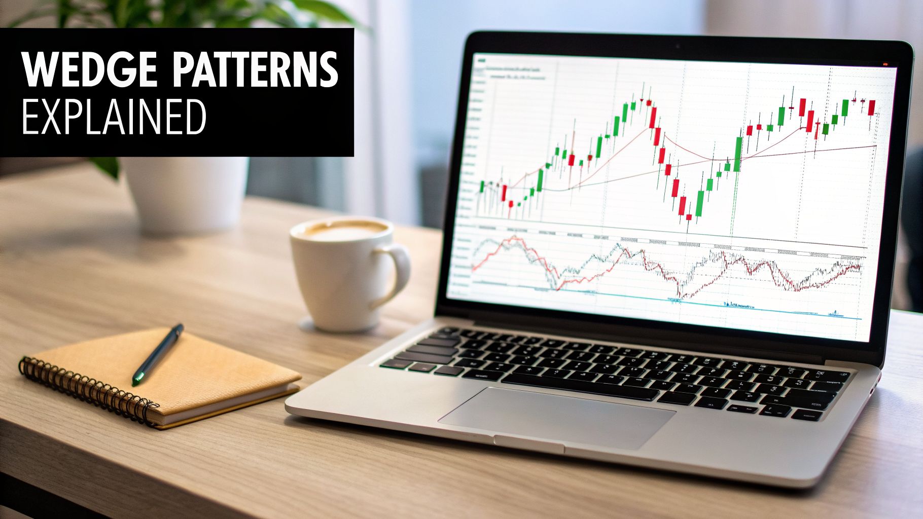 Laptop displaying stock market wedge patterns explained, with a coffee cup, notebook, and pen on a wooden desk.