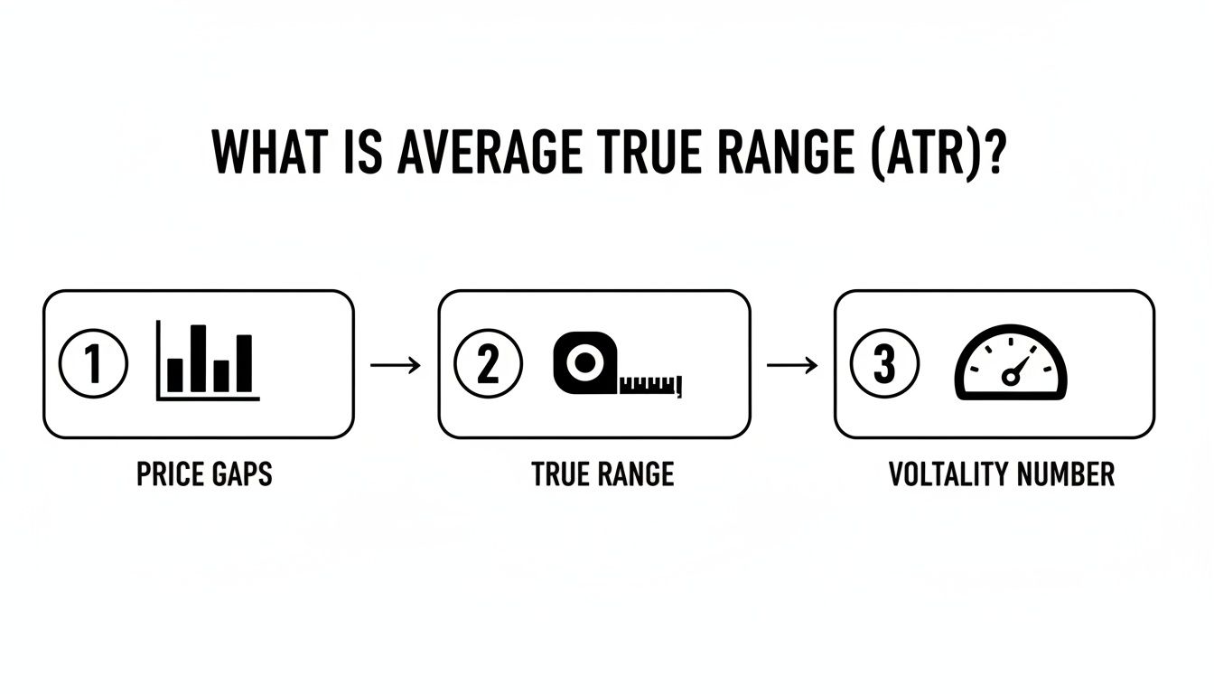 An infographic explaining Average True-Range (ATR) through price gaps, true range, and volatility number.