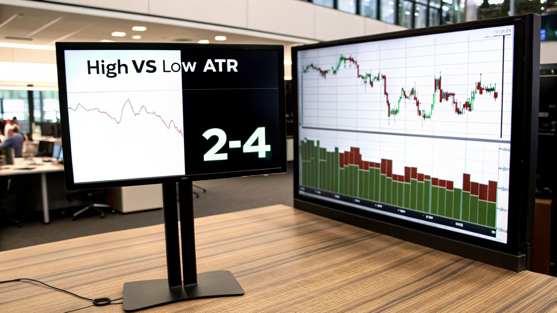 Two monitors display financial trading charts, analyzing market data with 'High VS Low ATR'.