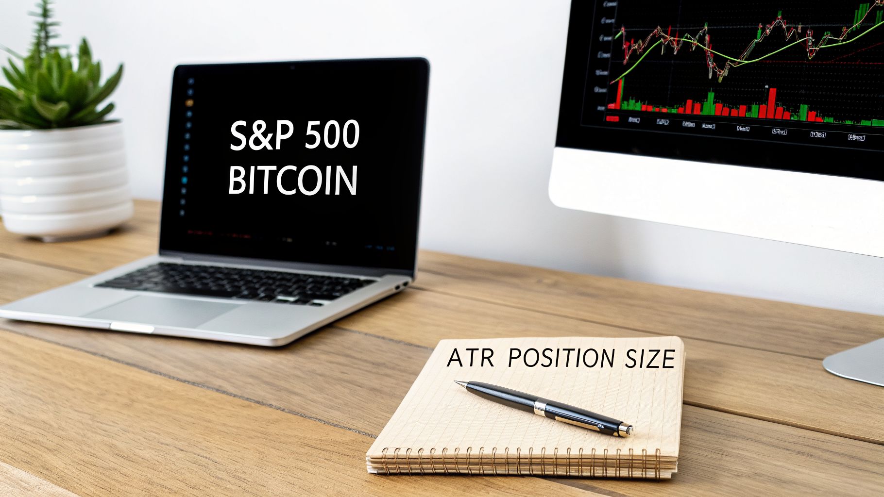 A desk with a laptop showing S&P 500 and Bitcoin, a monitor with trading charts, and a notebook with 'ATR POSITION SIZE' written on it.