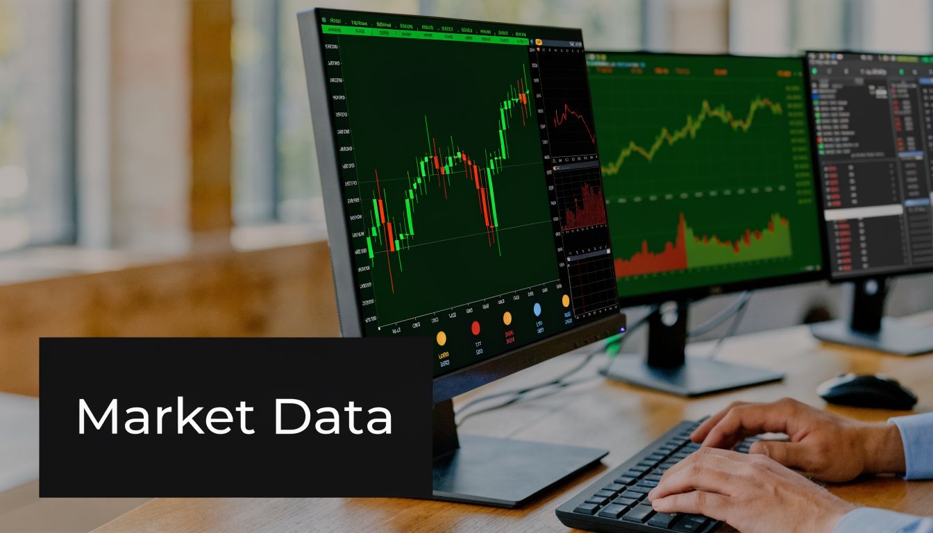 A professional analyzing stock market data charts on multiple computer screens in an office setting.