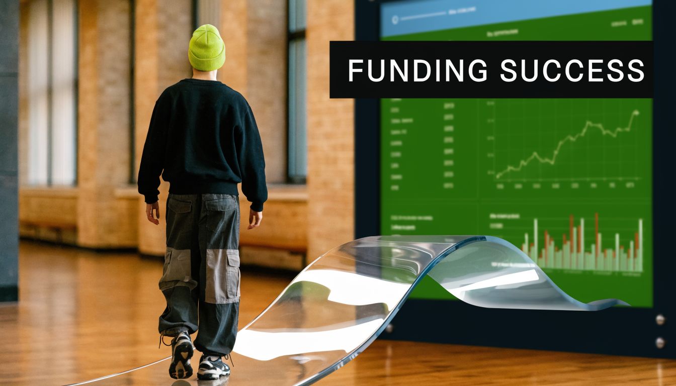 A person in a bright green beanie walks toward a large digital screen displaying financial growth data.