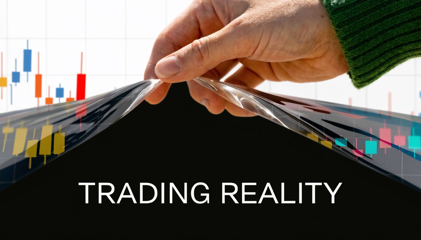 A person peels back a digital trading chart screen to reveal a black surface labeled Trading Reality.