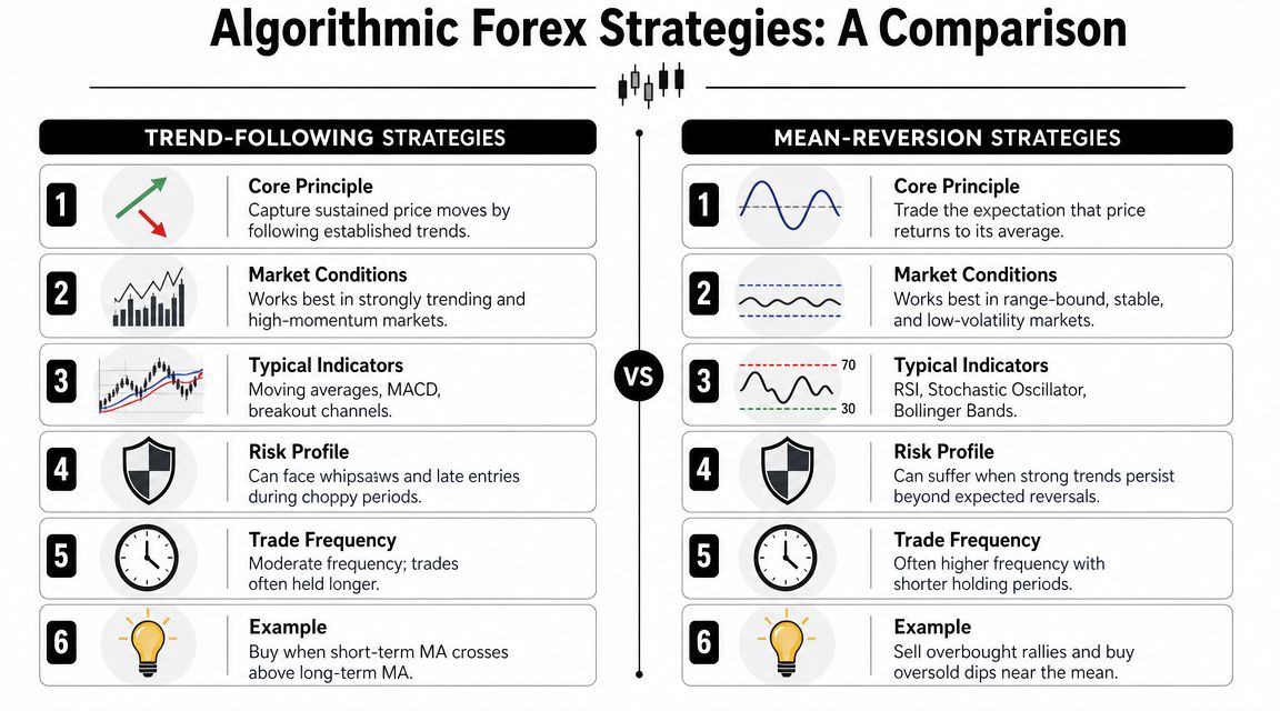 A comparison chart outlining the core differences between trend-following and mean-reversion strategies in algorithmic forex trading.