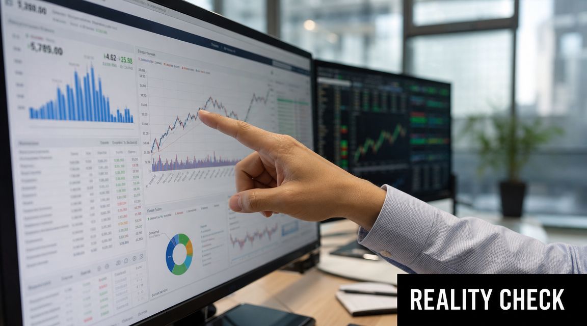 A professional analyzing financial data and stock market trends on computer screens in a bright office.