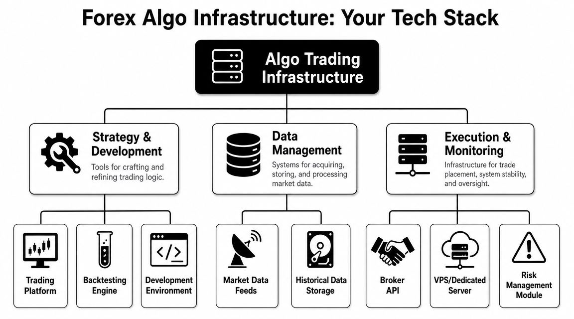 A diagram outlining the key components of forex algo trading infrastructure, including strategy development, data management, and execution.