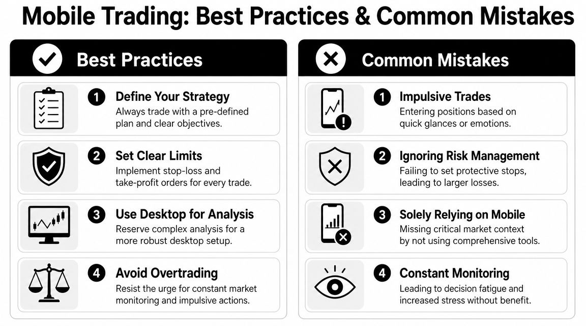 A chart showing best practices and common mistakes for mobile trading, presented as an informational infographic.