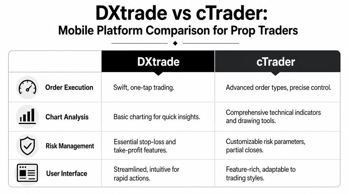 A comparison chart outlining key mobile platform features between DXtrade and cTrader for professional traders.