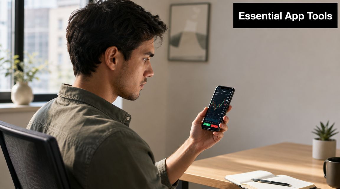 A focused man sitting at a desk checking financial market trends on his mobile phone application.